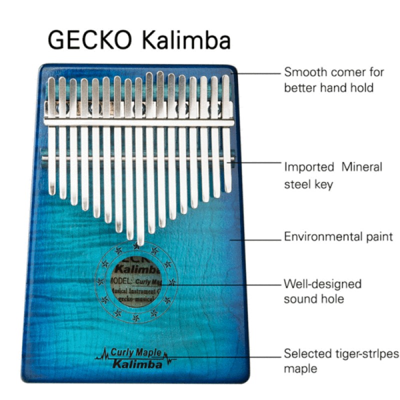 GECKO Curly Maple Kalimba 17 Key Blue Color